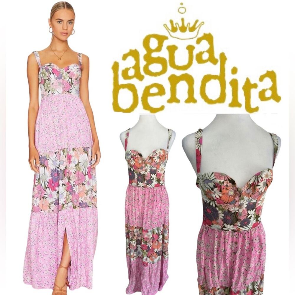 Agua Bendita Alani Java Floral Mix Media Maxi Dress Bloom Tiered Medium NWT